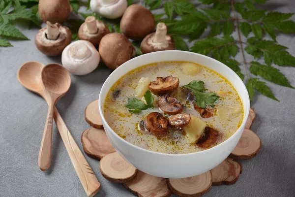 Delicious soup with mushrooms champignon and potato.Creamy Chanterelle Soup .Nordic cuisine. Vegan soup — Stock Image Delicious Soup Mushrooms Champignon Potato Creamy Chanterelle Soup Nordic Cuisine Royalty Free Stock Images