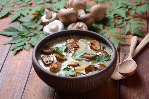 Delicious soup with mushrooms champignon and potato.Creamy Chanterelle Soup .Nordic cuisine. Vegan soup — Stock Image Delicious Soup Mushrooms Champignon Potato Creamy Chanterelle Soup Nordic Cuisine Stock Photo
