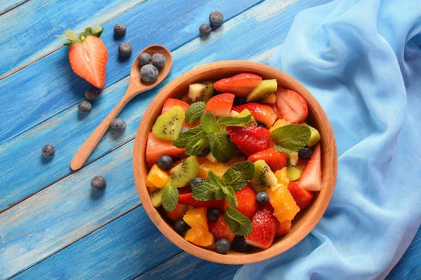 Bowl Healthy Fresh Colorful Fruit Salad Wooden Background Top View — Stockfoto