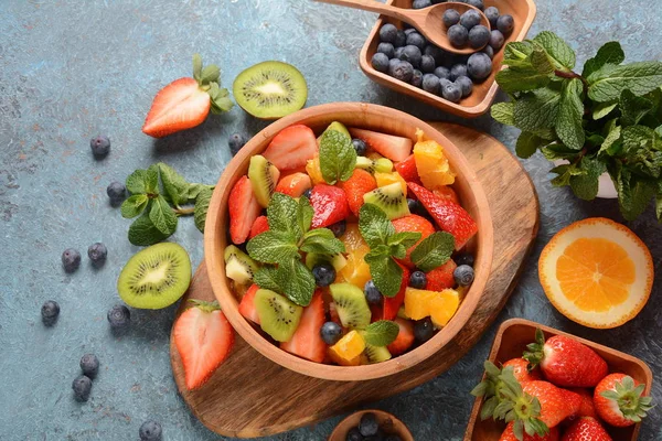 Bowl Healthy Fresh Colorful Fruit Salad Wooden Background Top View — Stockfoto