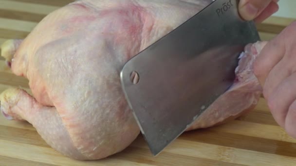 生の鶏全体を部分に彫る 鶏の羽のクリスピー焼きチキン 生の鶏を切り取る 遅い動きで鶏を切断シェフの手を閉じます 男の手はナイフで鶏の肉をスライス — ストック動画