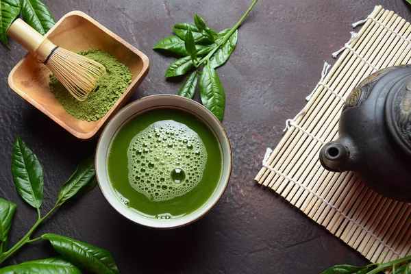 Green Matcha Tea Drink Tea Accessories White Background Japanese Tea — Stock Photo, Image