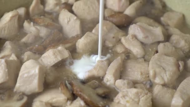 添加奶油到潘创建酱汁 将奶油倒入锅中 加入炸鸡肉 蘑菇和沸腾的油 制成奶油酱 — 图库视频影像