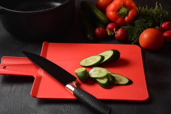 Découpe Légumes Sur Une Planche Cuisine Préparation Cuisson Salade — Photo