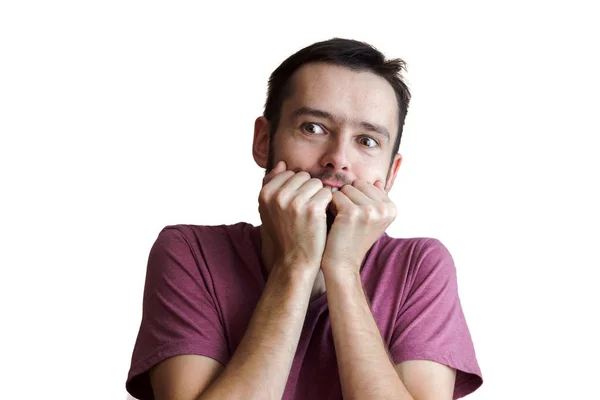 Retrato de primer plano del hombre feliz mirando sorprendido sorprendido en total incredulidad manos en mejilla ojos de boca abierta, aislado sobre fondo blanco. Emoción positiva sensación de expresión facial — Foto de Stock