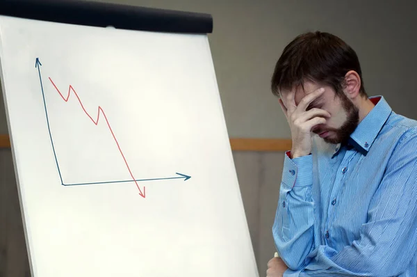 Frustrated business man standing near white board in office, covers his face with his hand at the falling graph of a stock market struck