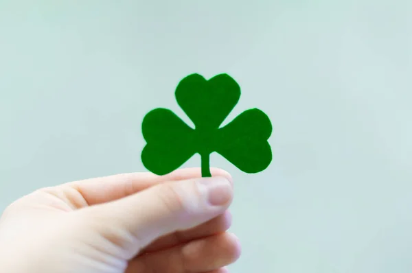 Zielona koniczyna leas w ręku na rozmytym tle, St. Patricks dzień święto symbol — Zdjęcie stockowe