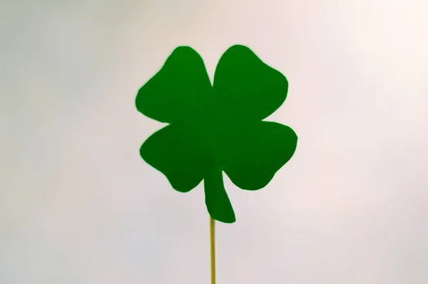Fortune, luck and st patricks day concept - green paper four-leaf clover on white background — Stock Photo, Image