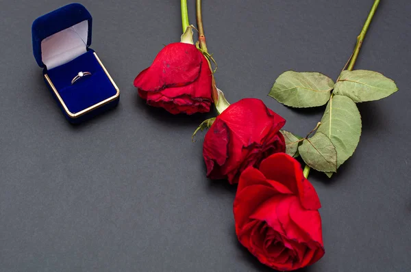 Bröllop ring i rutan med röda rosor blomma på svart bakgrund. — Stockfoto