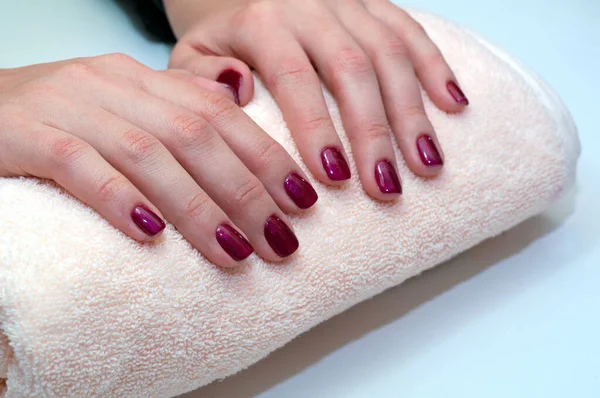 Beautiful Manicured Woman Hands Red Nail Polish Soft Peach Towel — Stock Photo, Image