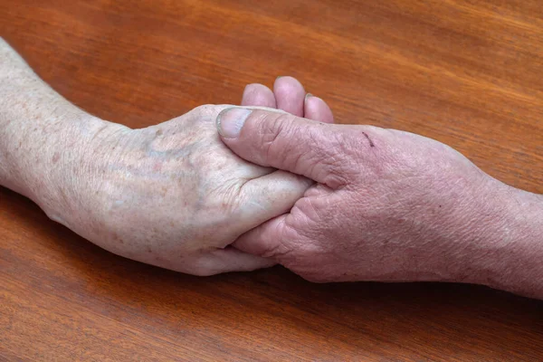 Senior Family Couple Holding Old Hands Close View Psychological Support — Stock Photo, Image