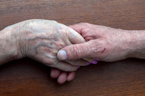 Senior Family Couple Holding Old Hands Close View Psychological Support — Stock Photo, Image