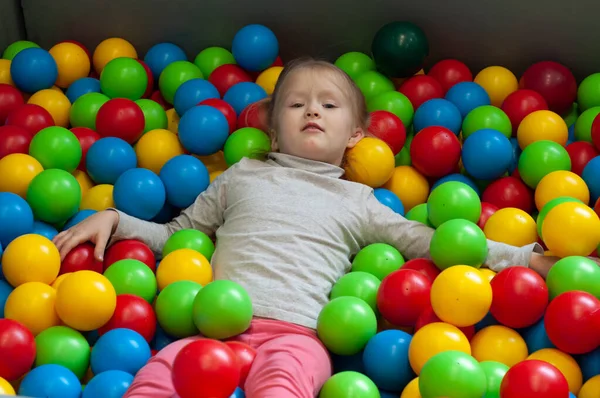 Happy Little Girl Having Fun Colorful Balls Ball Pit Kids — Stock Photo, Image