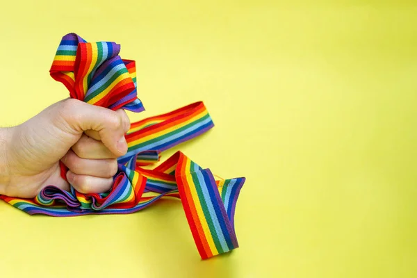 Homofobia Parem Orgulho Lgbt Homem Aperta Punho Arco Íris Fitas — Fotografia de Stock