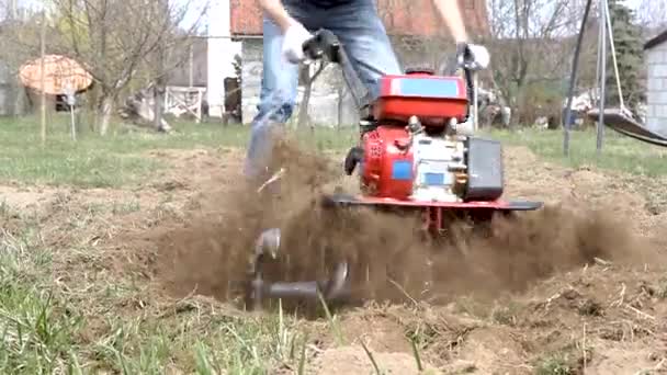 Cerca Hombre Arando Tierra Jardín Con Cultivador Trabajos Agrícolas Sobre — Vídeos de Stock