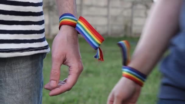 Bileklerinde Gökkuşağı Lgbt Kurdeleleri Olan Eller Eşcinsel Çift Nazikçe Ele — Stok video