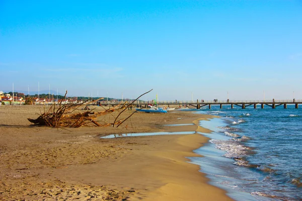 Versilia plajı, Apuan Alpleri 'nin önünde yumuşak ve sıcak renklerden oluşan kumlu bir alan. Kışın sessizliği, soğukta kimse — Stok fotoğraf