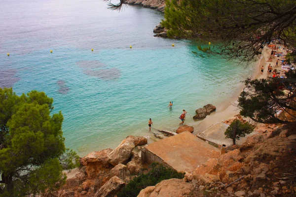 Ibiza 'nın güzel ve ünlü körfezi, kayalar ve balerinlerin bitki örtüsü arasındaki kayalık körfez ya da kayalık körfez. — Stok fotoğraf