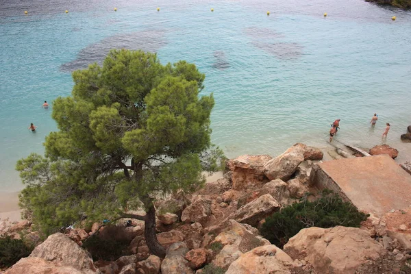 La hermosa y famosa bahía de cala saladeta de ibiza vista desde arriba o ensenada rocosa entre las rocas y la vegetación de los balearicos — Foto de Stock