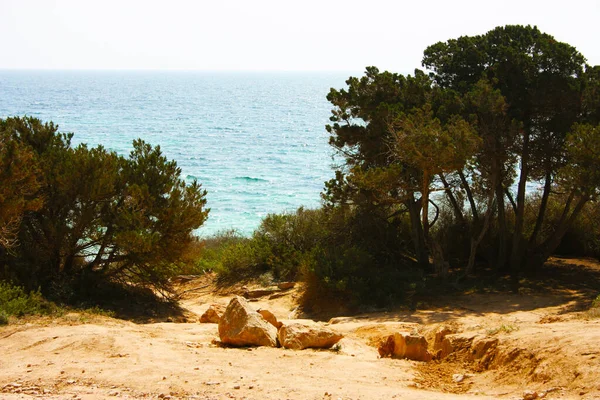 Modré Moře Krásné Pláže Formentery Obklopené Vyprahlou Baleárskou Přírodou — Stock fotografie