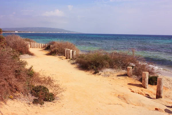 Mar Azul Las Hermosas Playas Formentera Rodeadas Árida Naturaleza Baleárica —  Fotos de Stock