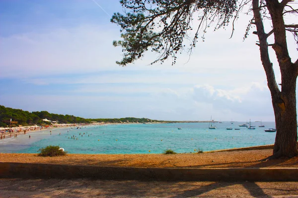 Costa Mar Azul Ibiza Para Famosas Salinas Famosa Baía Areia — Fotografia de Stock