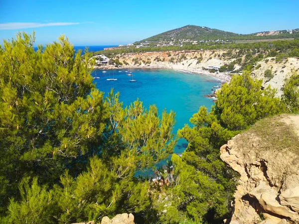 Top View Cala Hort Egy Gyönyörű Ibiza Strand Spanyolországban — Stock Fotó