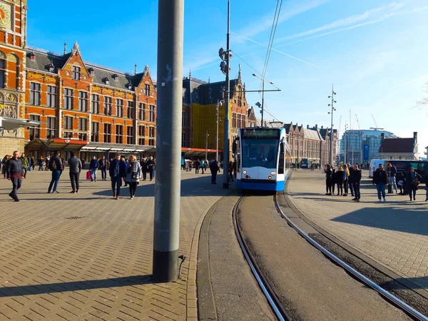 Tram Dutch Stop Front Amsterdam Train Station Daylight Holland — стоковое фото