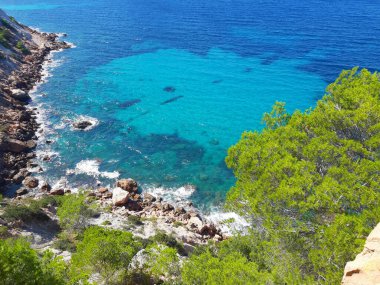 Ibiza 'daki Cala d' hort körfezinin vahşi doğasının parlak renkleri Balear Adası 'nda yaz aylarında