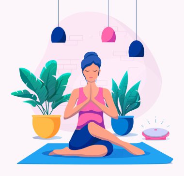 Kadın evde yoga yapıyor vektör illüstrasyonunda. Sağlıklı yaşam tarzı.