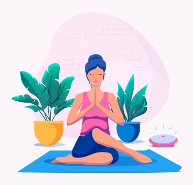 Kadın evde yoga yapıyor vektör illüstrasyonunda. Sağlıklı yaşam tarzı.