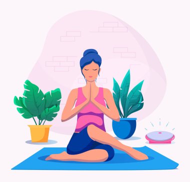 Kadın evde yoga yapıyor vektör illüstrasyonunda. Sağlıklı yaşam tarzı.