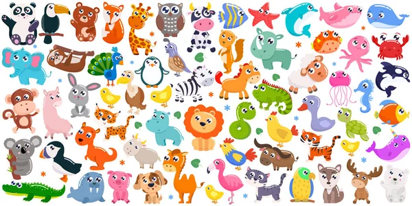 Gros Ensemble Animaux Dessin Animé Mignons Illustration Vectorielle — Image vectorielle