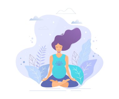 Hamile kadın yoga ve meditasyon vektörü düz çizim yapıyor.