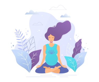 Hamile kadın yoga ve meditasyon vektörü düz çizim yapıyor.