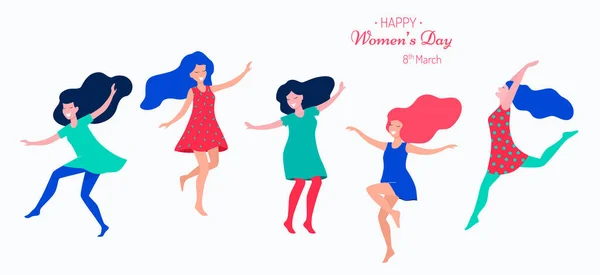 Glückliche Vektorillustration Zum Frauentag Schöne Tanzende Frauen — Stockvektor