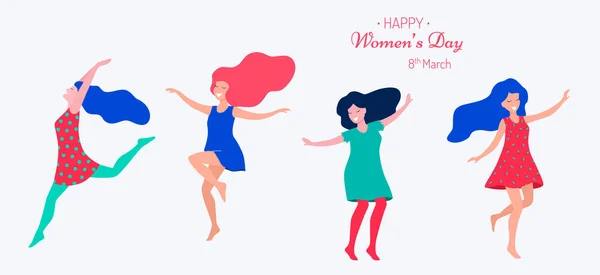 Feliz dia das mulheres ilustração vetorial. Mulheres dançantes bonitas . —  Vetores de Stock