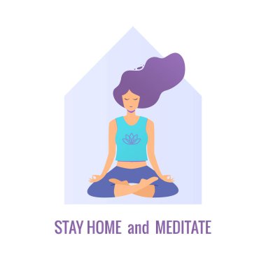 Covid-19 virüsü. Kendini karantinaya alarak evde kalmak. Lotus pozisyonunda oturan ve meditasyon yapan kadın.