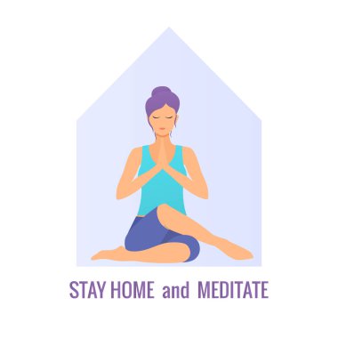Covid-19 virüsü. Kendini karantinaya alarak evde kalmak. Lotus pozisyonunda oturan ve meditasyon yapan kadın.