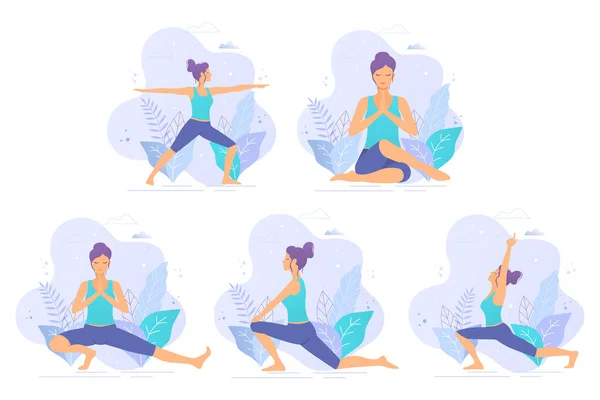 Sammlung Von Yoga Vektorillustrationen Yoga Mädchen Einem Park Vektor Illustration — Stockvektor