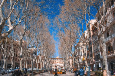 Palma, Mallorca / İspanya - 26 Mart 2018: Passeig del Born, başkent Palma de Mallorca. Güneşli bir günde alışveriş caddesinde gezinen turistler.
