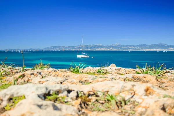 Tempo Verão Espanha Vista Sobre Bela Costa Com Barcos Vela — Fotografia de Stock