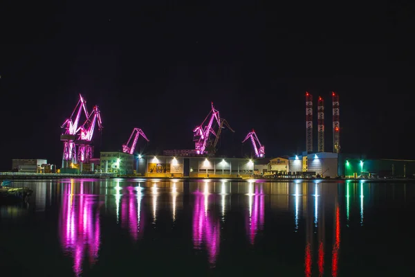 Lighting Giants Colorful Illuminated Cranes Night Pula Istrian Peninsula Croatia — Stock Photo, Image