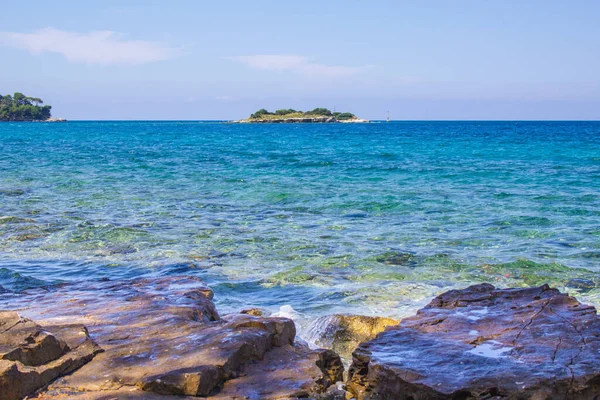 Μικρό Καταπράσινο Νησί Στις Ακτές Του Ροβίνι Της Χερσονήσου Ίστρια — Φωτογραφία Αρχείου
