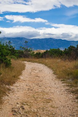 Hırvatistan 'ın Pag adasındaki Novalja çevresindeki vahşi manzara ve yürüyüş yolu
