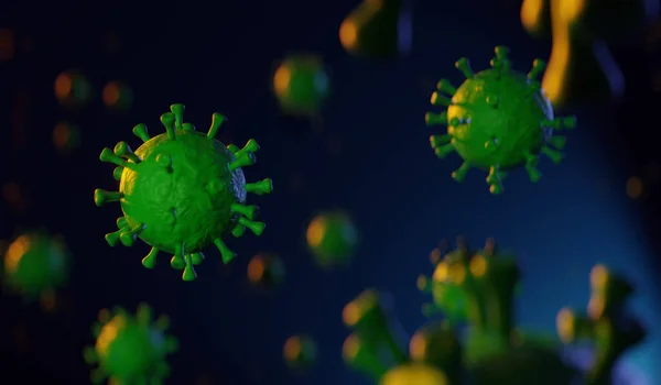 Coronavirus flotando en vista microscópica de fluidos, pandemia o infección por virus — Foto de Stock