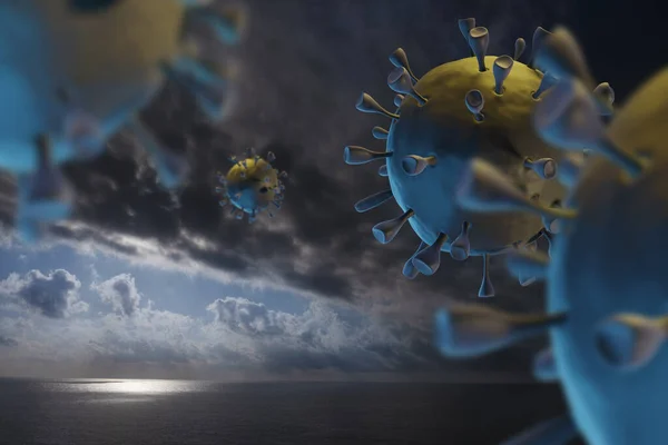 The Corona virus spreads worldwide: Sunset over the ocean with clouds and corona virus renderings