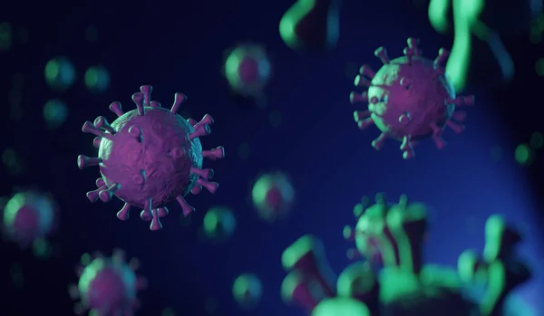 coronavirus floating in fluid microscopic view, pandemic or virus infection