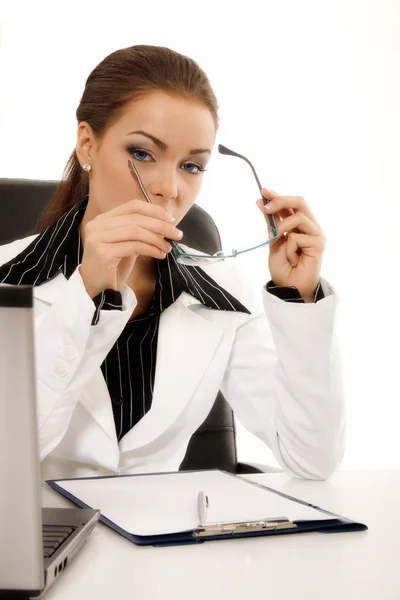 Businesswoman holding glasses — Stock Photo, Image