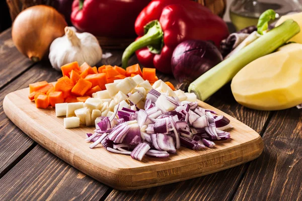 Chopped vegetables: carrots, parsley and onion — Stock Photo, Image